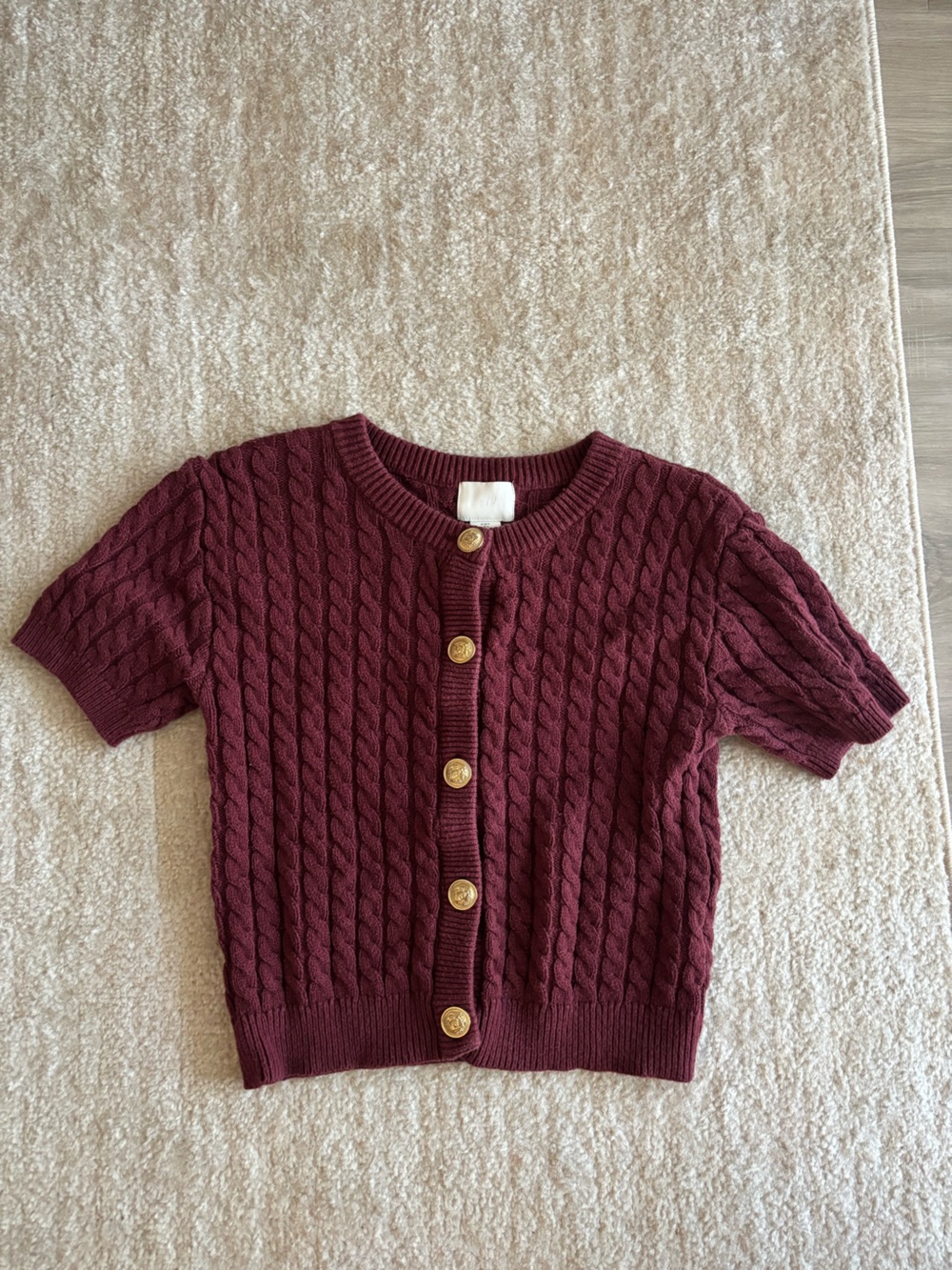 H&M Burgundy Cable-Knit Short-Sleeve Cardigan with Gold Buttons